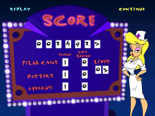 Animaniacs: A Gigantic Adventure (Windows) screenshot: After completing a level, your score is calculated and you are even given an option to replay it.