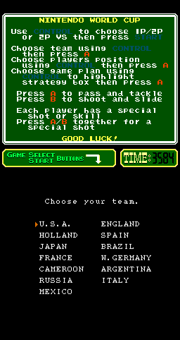 Nintendo World Cup (Arcade) screenshot: Team Selection.