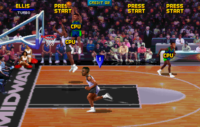 NBA Jam Tournament Edition (Arcade) screenshot: A high jump.