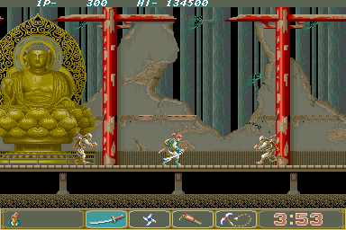 Ninja Spirit (Arcade) screenshot: Attacked from both sides.