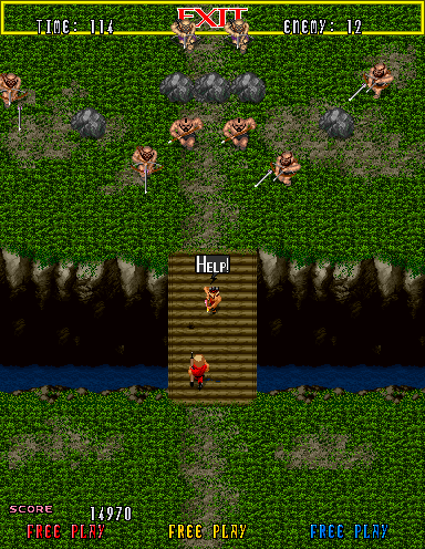Gain Ground (Arcade) screenshot: Crossing a bridge.