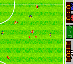 Tehkan World Cup (Arcade) screenshot: Midfield action.