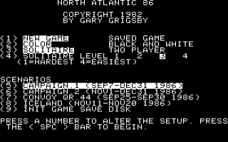 North Atlantic '86 (Apple II) screenshot: Title and Main Menu