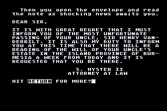 The Deadly Game (Atari 8-bit) screenshot: A Letter from Uncle Henry's Attorney