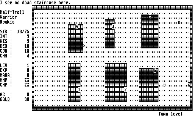 Moria (Atari ST) screenshot: Starting town (ST monochrome)