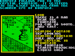 Souls of Darkon (ZX Spectrum) screenshot: The crystal has an unexpected reaction to the water in the fountain.