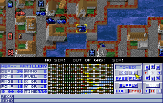 Operation Combat II: By Land, Sea & Air (Amiga) screenshot: The heavy artillery vehicles move slowly and have so little fuel that they almost must be followed by a supply truck.