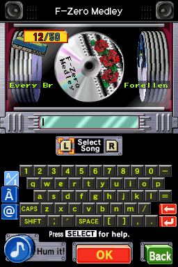 Jam with the Band (Nintendo DS) screenshot: Searching through the Juke Box. Contains an interesting mix of public domain classical music, rock, jazz, and video game tunes.