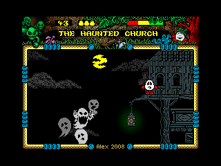 Dizzy and the Other Side (Windows) screenshot: While Dizzy still looks scared, he now doesn't have to fear these ghosts due to a solution found in the witch's book.