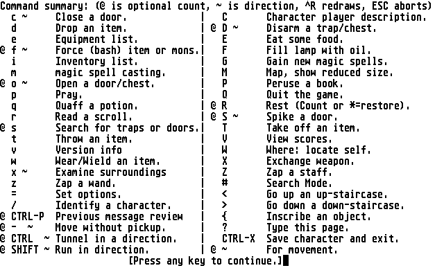 Moria (Atari ST) screenshot: Help with commands (ST monochrome)
