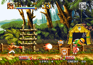 Top Hunter: Roddy & Cathy (Arcade) screenshot: There are about 10 different fighting moves that your character can pull off, but they require precise button input. Here's Kooh-Ken move, originally by Ryo Sakazaki from Art of Fighting