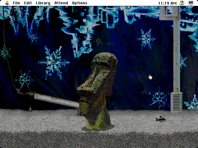 Aquazone (Macintosh) screenshot: Gravel, a backdrop and a moai statue added