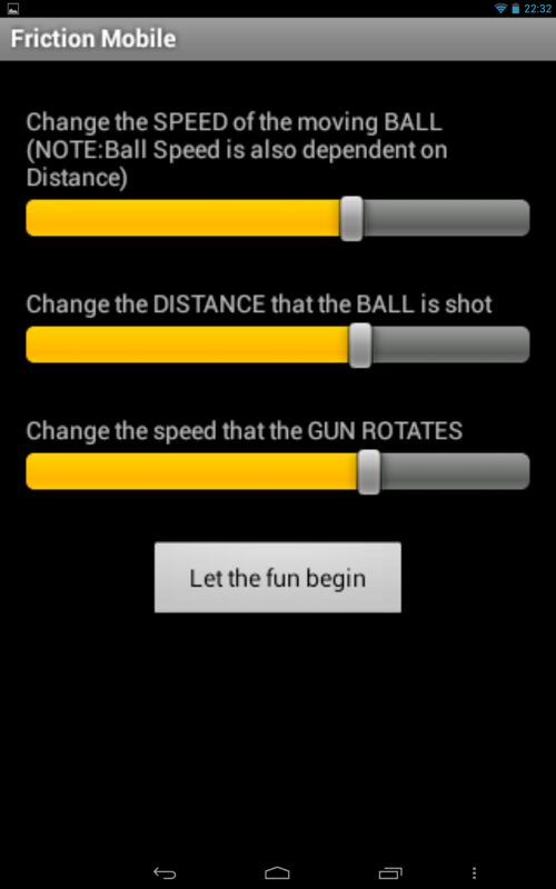 Friction Mobile (Android) screenshot: Setting options in "Fun mode"