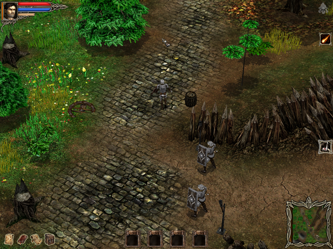 Dark Tower Conspiracy (Windows) screenshot: The guards near the camp can help you if you'll lead some enemies to them.