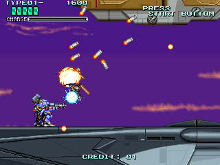 Rohga: Armor Force (Arcade) screenshot: Using missiles.