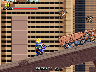 Rohga: Armor Force (Arcade) screenshot: Destroy the truck.