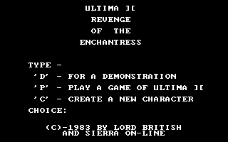 Ultima II: The Revenge of the Enchantress... (DOS) screenshot: Main menu (CGA with RGB monitor)