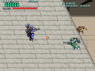 Rohga: Armor Force (Arcade) screenshot: Sliding down a wall.