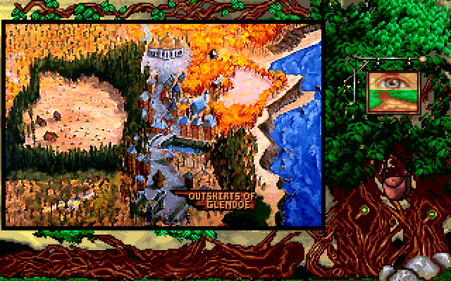 Kingdom: The Far Reaches (Windows) screenshot: Outskirts of Glendoe on the world map (GOG version, window mode)