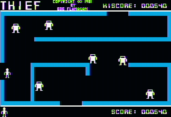 Thief (Apple II) screenshot: After 400 points the walls became blue and the robots begin shooting