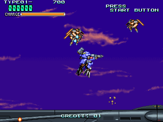 Rohga: Armor Force (Arcade) screenshot: Jumping to blast them.