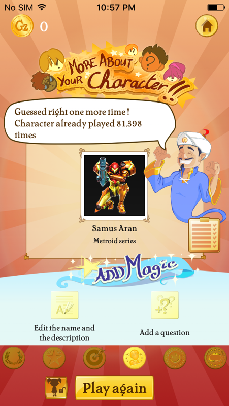 Akinator (iPhone) screenshot: My character was guessed by so many people.