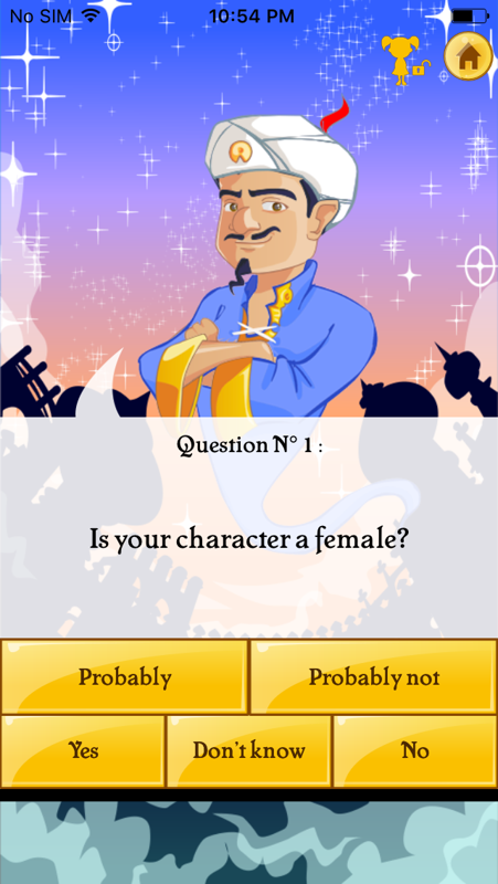 Akinator (iPhone) screenshot: The genie asked me his first question, a simple one, of course.