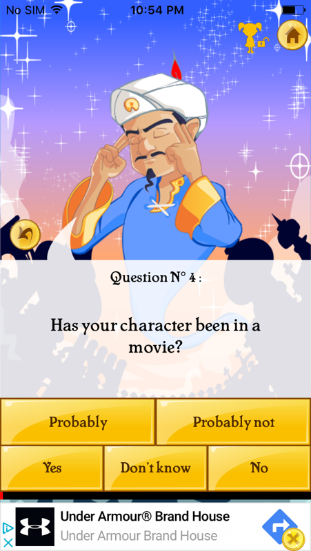 Akinator (iPhone) screenshot: It looks like he's concentrating a lot!