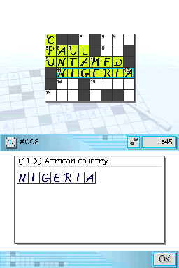 CrossworDS (Nintendo DS) screenshot: Hint button will solve the question, but will count in the final score.