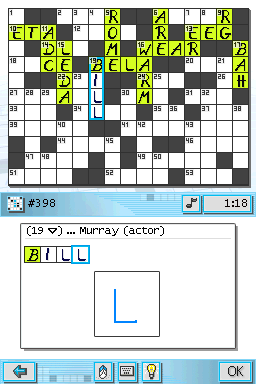 CrossworDS (Nintendo DS) screenshot: You can write in characters to enter the answer.