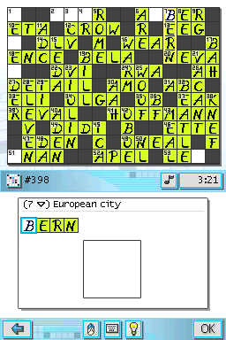 CrossworDS (Nintendo DS) screenshot: Crosswords vary in size, from small to those that fill the entire screen.