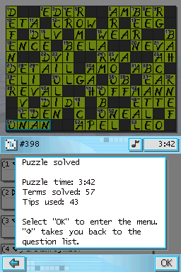 CrossworDS (Nintendo DS) screenshot: Puzzle solved info.