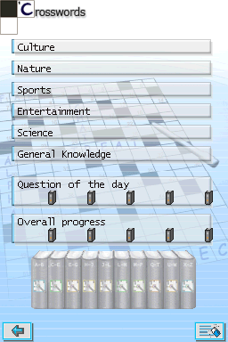 CrossworDS (Nintendo DS) screenshot: You can check your knowledge progress in various areas.