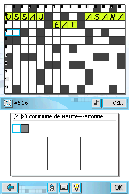 CrossworDS (Nintendo DS) screenshot: Switching to French language gives different 555 crosswords in French.