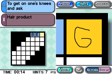 CrossworDS (Nintendo DS) screenshot: Write in the letters with a stylus.