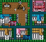 Power Quest (Game Boy Color) screenshot: Town overview; you can go to the model shop, your house and to the playground to meet opponents, for example.