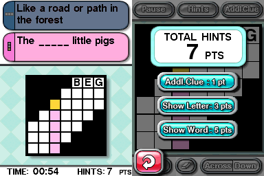 CrossworDS (Nintendo DS) screenshot: You can use hints in exchange for penalty.