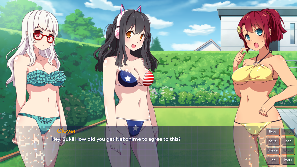 Sakura Gamer (Windows) screenshot: After Suki told Nekohime about her life before becoming her roommate they bond a little, and Suki persuades her to also put on a bikini to have some fun