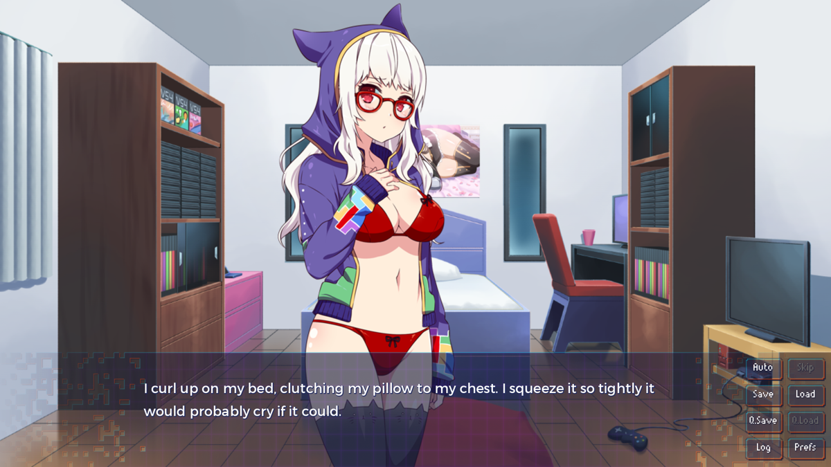Sakura Gamer (Windows) screenshot: Nekohime is pretty jealous and hurls up on her bed after seeing them kiss
