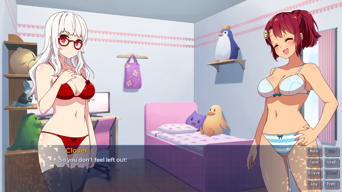 Sakura Gamer (Windows) screenshot: Nekohime is angry as Suki made her clothes wet, and it was her only set of clothes. As she's pouting as ever, Clover undresses to make her feel better, again