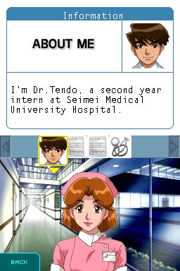 LifeSigns: Surgical Unit (Nintendo DS) screenshot: Drag the conversation topic onto character to start the dialogue.