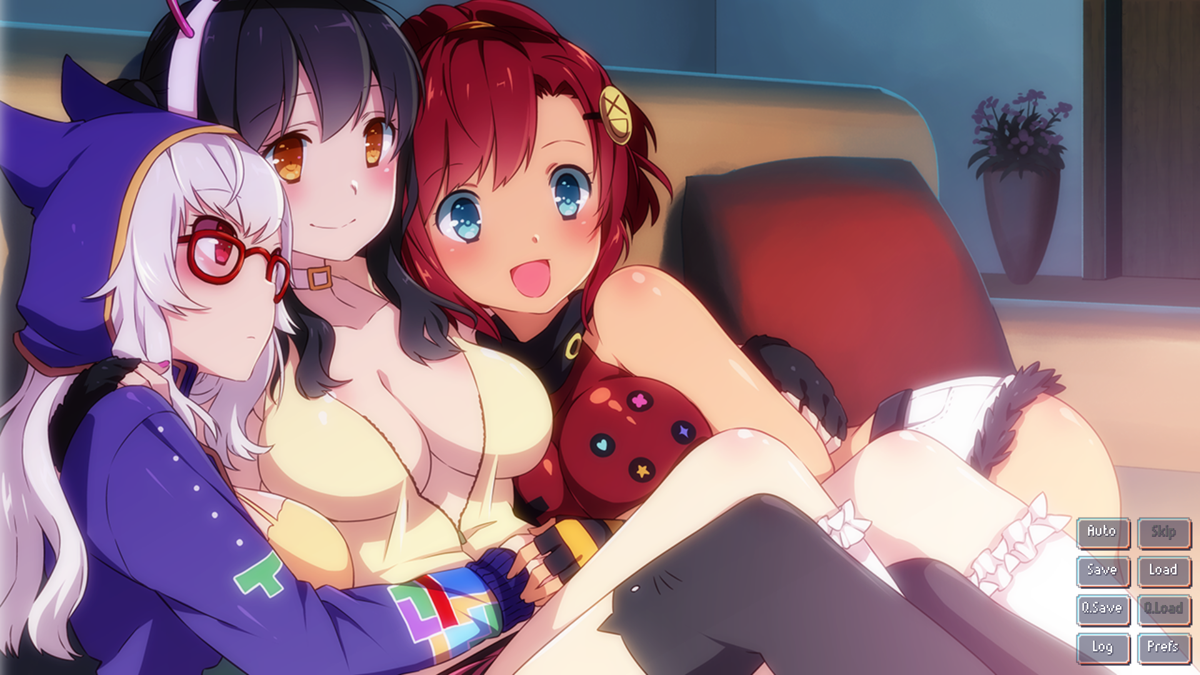 Sakura Gamer (Windows) screenshot: After talking it through with Clover the girls decide to have a movie night