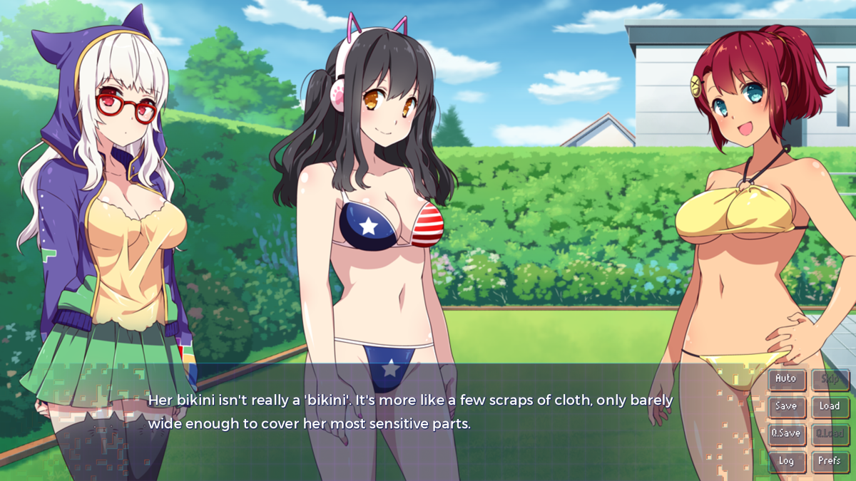 Sakura Gamer (Windows) screenshot: Nekohime is stressed as always and doesn't want to have fun. Suki is enjoying the sun and Clover is about to join her