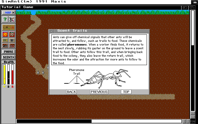 SimAnt (Amiga) screenshot: There is an encyclopedia inside the game when you can learn a lot about ants (Hi-Res version)