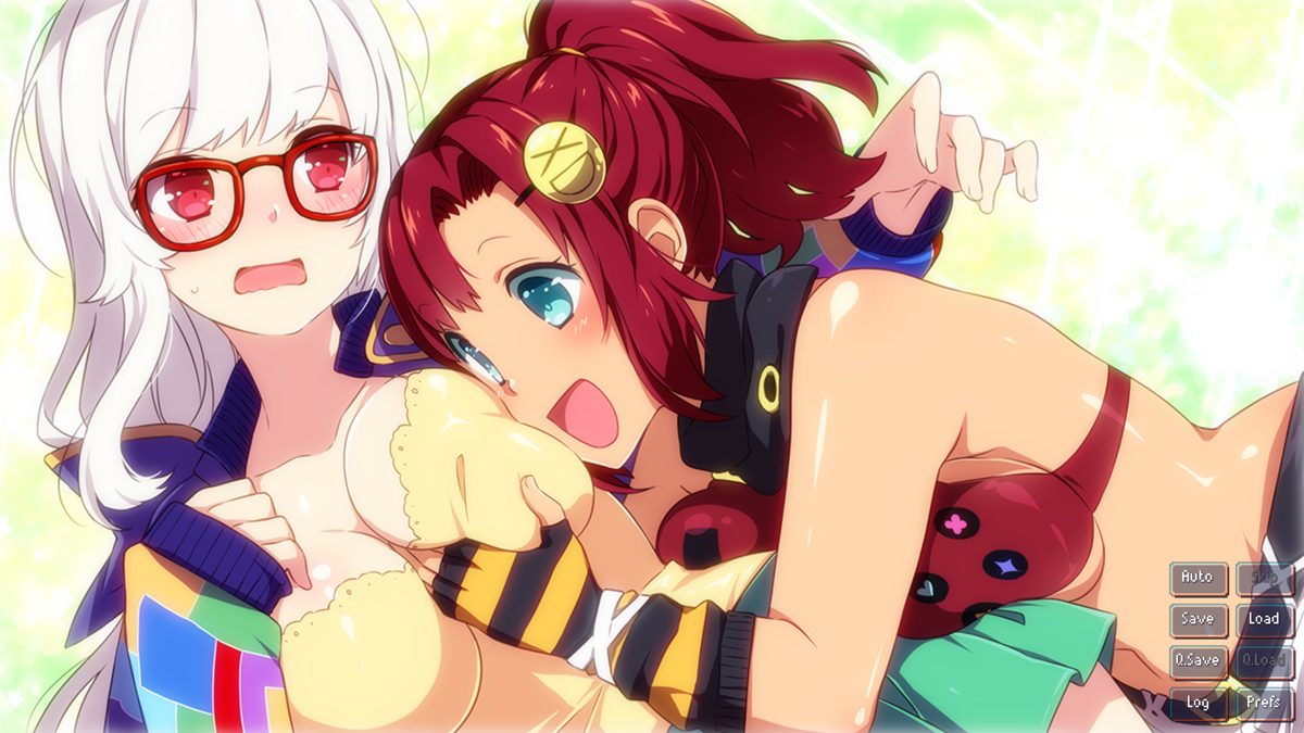 Sakura Gamer (Windows) screenshot: When Nekohime starts talking with Clover, she tries to tickle her, if looks more like groping though