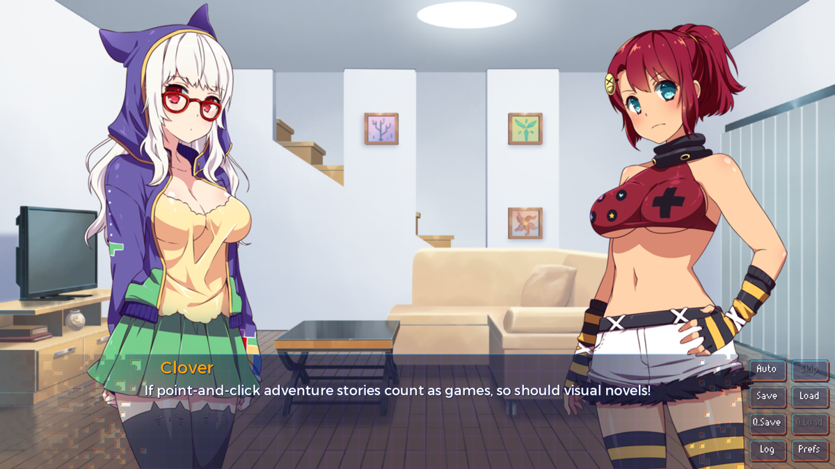 Sakura Gamer (Windows) screenshot: This game breaks the fourth barrier many times, Nekohime and Clover are now discussing if Visual Novels are games or not