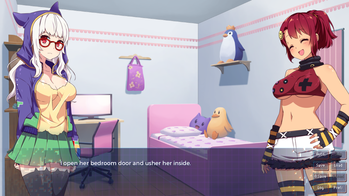 Sakura Gamer (Windows) screenshot: After a party to celebrate their new game, Clover and Nekohime go into Clover's bedroom as she's drunk and Nekohime wants to help her into bed (choice dependent)