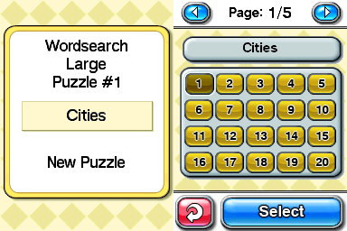 CrossworDS (Nintendo DS) screenshot: Word search table selection.