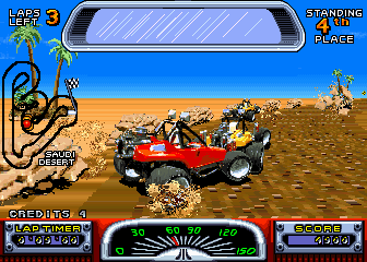 Road Riot 4WD (Arcade) screenshot: Taking the bend to overtake.