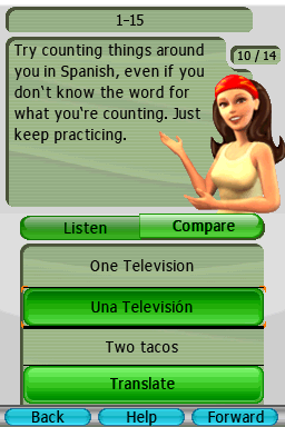 My Spanish Coach (Nintendo DS) screenshot: Sentence examples with newly learned words.